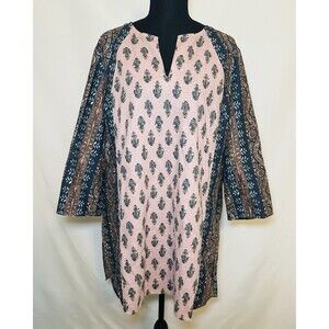Pure Jill J. Jill Tunic Paisley Linen Blend 3/4 Sleeve Boho‎ Floral Blouse LARGE